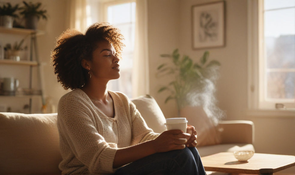A stylish black woman sits in her sunlit living room, holding a steaming coffee cup, emanating warmth and relaxation.