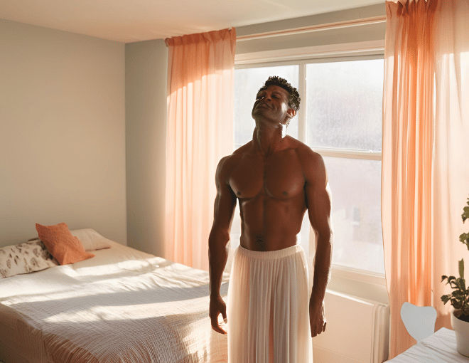 A medium-built man with toned muscles wakes up in a bright bedroom, sunlight filtering through sheer curtains.