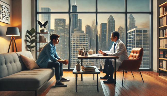 A person sits in a psychiatrist’s office in Chicago, engaged in a conversation with a professional.
