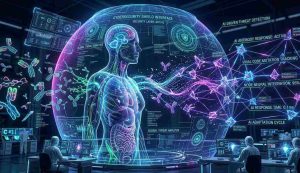 Futuristic visualization of a digital immune system, glowing antibodies transforming into AI neural network nodes, cybersecurity shield interface, blue and green biotech color palette, high-tech medical and cyber theme, ultra-detailed 3D render.