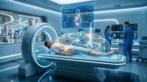 A medical AI system visualized as a glowing immune network scanning a human body, highlighting problem areas with light signals