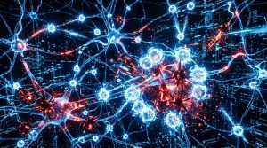 A futuristic digital network visualized as a human immune system, glowing nodes acting like white blood cells fighting off virus-like cyber threats