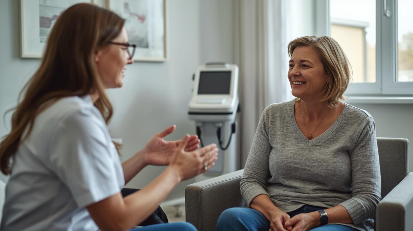 Patient discussing fatigue concerns with specialist inside bright modern vascular wellness clinic.