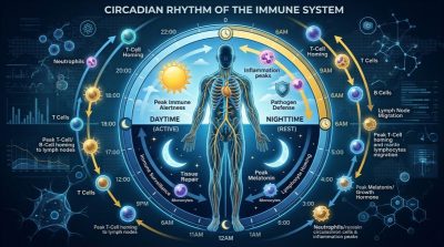 A highly detailed medical illustration showing a 24-hour biological clock surrounding a human silhouette, immune cells circulating at different times of day, sunrise and nighttime elements