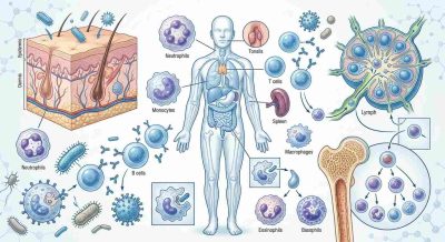 A scientifically accurate educational illustration of the human immune system, showing white blood cells, antibodies, lymph nodes, bone marrow, skin barriers, and invading microbes, clean medical infographic style
